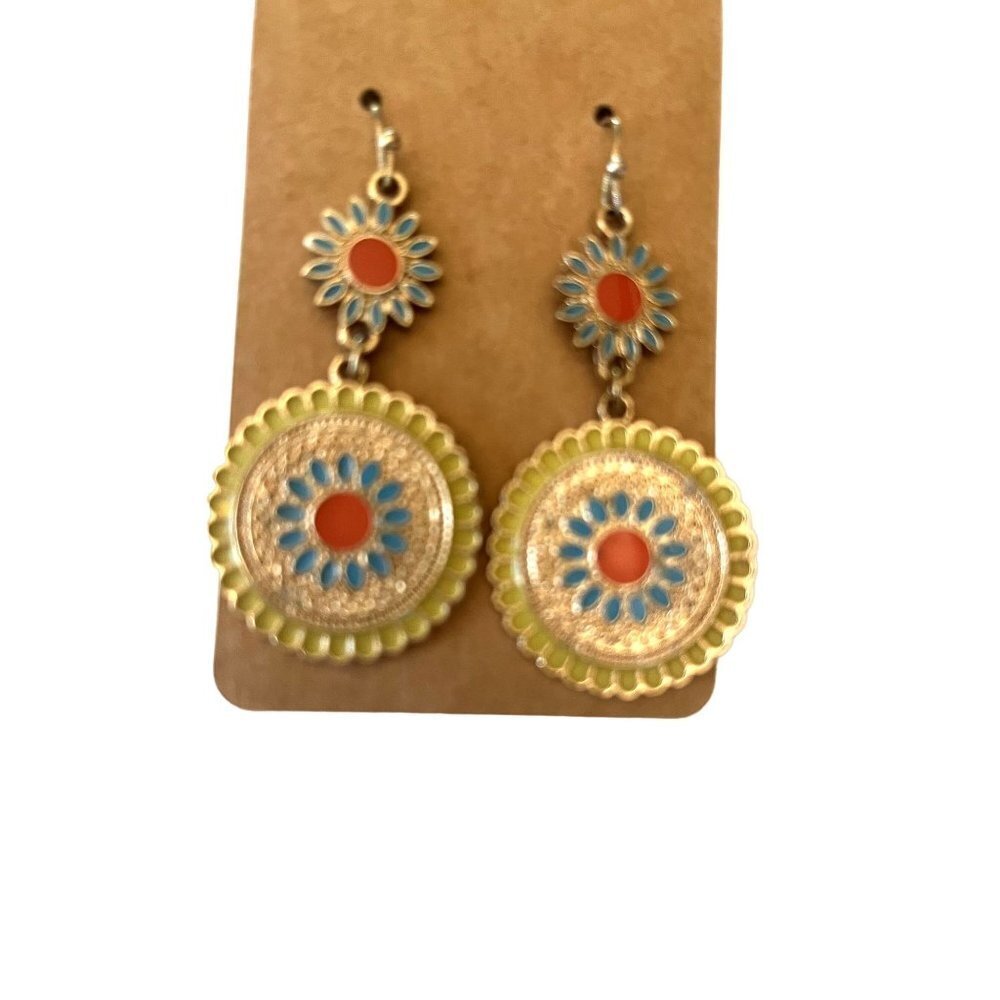 Boho Southwestern Red, Yellow Bue Turquoise Dangle Earrings - Picture 2 of 4